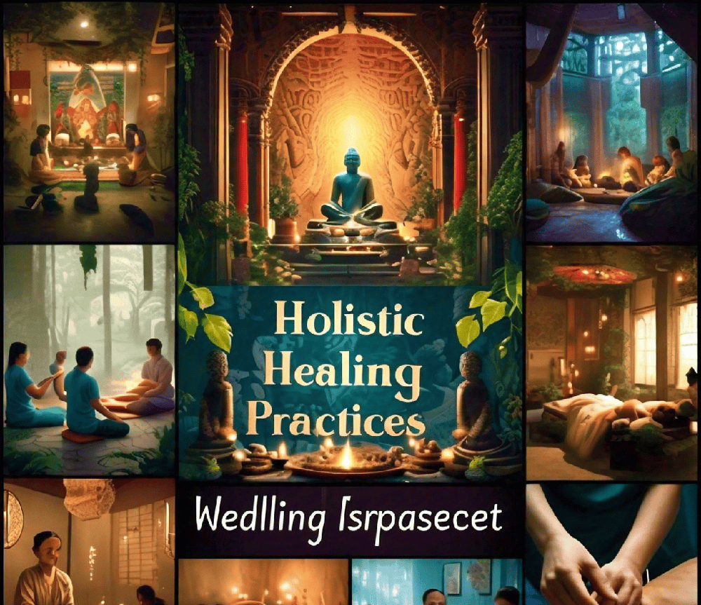 visual representation of various holistic practices, including Reiki, meditation, and the use of Rudraksha, promoting a comprehensive approach to health